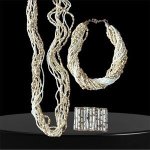 Stunning White & Gold Beaded Multi-Strand Twist Necklace & Bracelet Set Unique